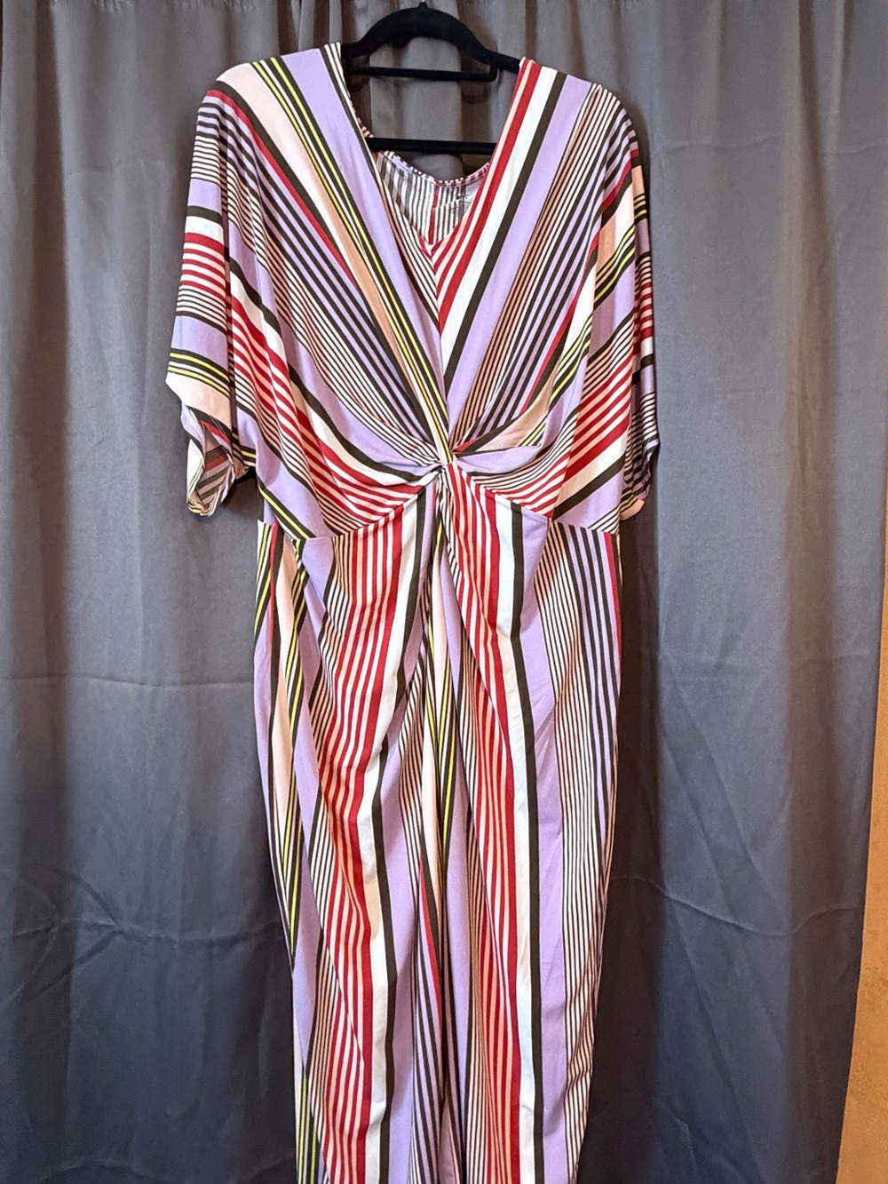 EVRI Striped Twist-Front Maxi Dress in Lavender, Red & Olive
